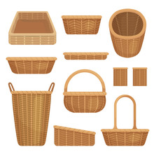 Empty Baskets Set Isolated On White Background. Wicker Picnic Baskets, Easter Holiday, Container Clean.