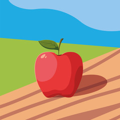 Poster - fresh apple fruit in wooden table and landscape