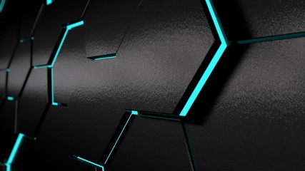 Poster - 3D illustration of a plurality of hexagons with the blue glow of a different size. Dark abstract background with blur at back. no. d image rendering for desktop, background, Wallpaper.