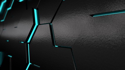 Poster - 3D illustration of a plurality of hexagons with the blue glow of a different size. Dark abstract background with blur at back. no. d image rendering for desktop, background, Wallpaper.