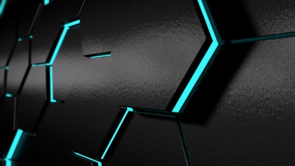Poster - 3D illustration of a plurality of hexagons with the blue glow of a different size. Dark abstract background with blur at back. no. d image rendering for desktop, background, Wallpaper.