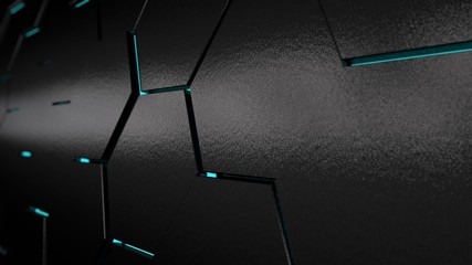 Poster - 3D illustration of a plurality of hexagons with the blue glow of a different size. Dark abstract background with blur at back. no. d image rendering for desktop, background, Wallpaper.