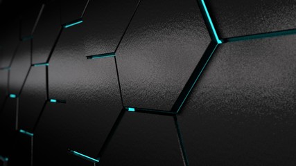 Poster - 3D illustration of a plurality of hexagons with the blue glow of a different size. Dark abstract background with blur at back. no. d image rendering for desktop, background, Wallpaper.