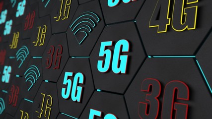 Poster - 3D rendering of dozens of black hexagons with high speed 5G, 4G, 3G mobile Internet symbols and Wi-Fi. Image for desktop Wallpaper, computer screen saver. Abstract background