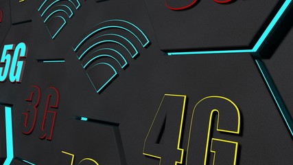Poster - 3D rendering of dozens of black hexagons with high speed 5G, 4G, 3G mobile Internet symbols and Wi-Fi. Image for desktop Wallpaper, computer screen saver. Abstract background