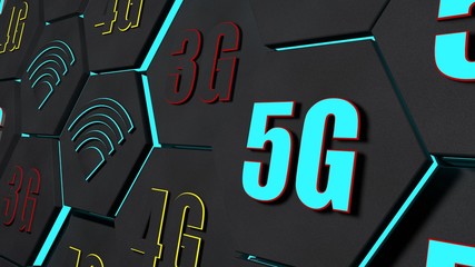 Poster - 3D rendering of dozens of black hexagons with high speed 5G, 4G, 3G mobile Internet symbols and Wi-Fi. Image for desktop Wallpaper, computer screen saver. Abstract background