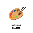 Watercolor pallette and brushes illustration. Hand painted item isolated on white background. Old school design.