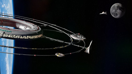 Wall Mural - space station in orbit of planet earth, gateway platform to the moon, futuristic habitat in outer sp