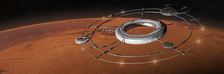 Wall Mural - space station with spaceship in orbit of planet mars