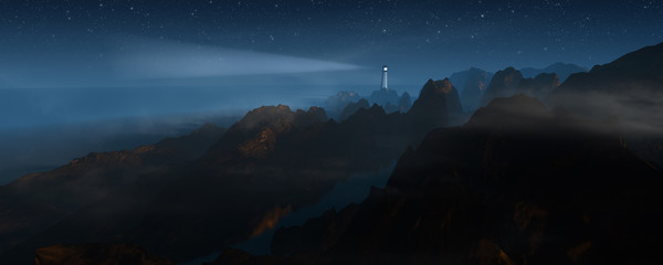 Wall Mural - ocean shore with lighthouse, cliffs and stars in the night sky, realistic 3d illustration