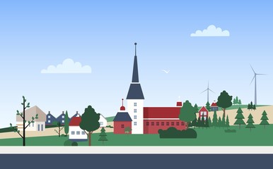 Fototapete - Horizontal landscape with town neighborhood with private houses or residential buildings, tower, park and wind turbines on hills. Small city or village. Vector illustration in flat cartoon style.