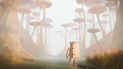 Wall Mural - astronaut exploring alien planet landscape, mission on a foggy exoplanet