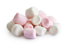 Pile Of Pink And White Mini Marshmallows Isolated On White.
