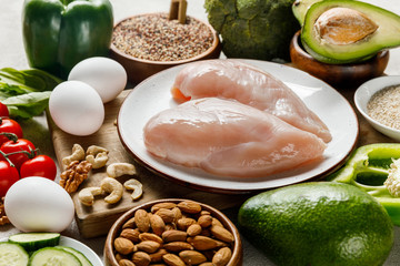 Wall Mural - raw chicken breasts on white plate near nuts, eggs and green vegetables, ketogenic diet menu