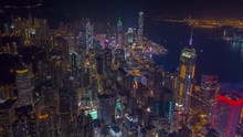 Night Illumination Flight Over Hong Kong City Downtown Aerial Panorama 4k Timelapse 