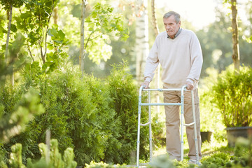 Full length portrait of senior man leaning on walker walking outdoors in sunlit park, copy space