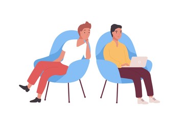 Aufkleber - Pair of smiling employees, businessmen or office workers sitting in armchairs and working on laptop computer. Business meeting of two colleagues or clerks. Flat cartoon colorful vector illustration.