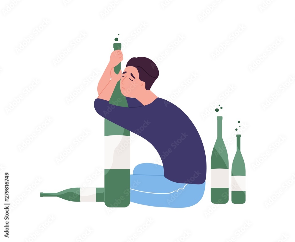 Unhappy man sitting on floor and hugging bottle.Young guy with alcohol addiction isolated on white background. Alcoholic, dipsomaniac, boozer or drinker. Flat cartoon colorful vector illustration. - obrazy, fototapety, plakaty 