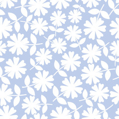 Elegant white flowers in ditsy floral design. Seamless vector pattern on light blue background. Great for wellness, beauty, baby, spa, garden products, texture, home decor, stationery