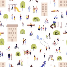 Seamless Pattern With Men And Women Walking, Riding Bikes, Sitting On Bench In City Suburbs, Outskirts. Backdrop With People Performing Outdoor Activities On Street. Flat Cartoon Vector Illustration.
