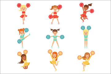 Wall Mural - Primary School Little Girls In Cheerleaders Uniform Cheering And Cheerleading With Pompoms Set Of Happy Kids Cartoon Characters