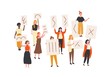 Crowd of protesting women holding banners and placards. Feminism activists taking part in political mass meeting, parade or rally. Group of feminist protesters. Flat cartoon vector illustration.