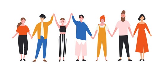 Poster - Happy funny young men and women holding hands. Cute smiling people standing in row together. Group of joyful friends. Union, community, association. Flat cartoon colorful vector illustration.