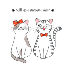 Bride And Groom. Couple Of Cute Cartoon Cats. Hand Drawn Illustration