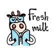© i_am_irix - Vector illustration, line cartoon cow wearing glasses and reading book. Hand drawn, colored, isolated. 'Fresh milk' lettering. Applicable for package, poster, label designs, banners, flyers etc.