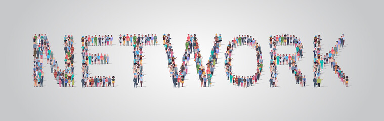 people crowd gathering in shape of network word different occupation employees mix race workers group standing together social media community concept flat horizontal