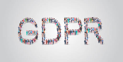 Poster - people crowd gathering in shape of GDPR word different occupation employees mix race workers group standing together social media communication concept flat horizontal