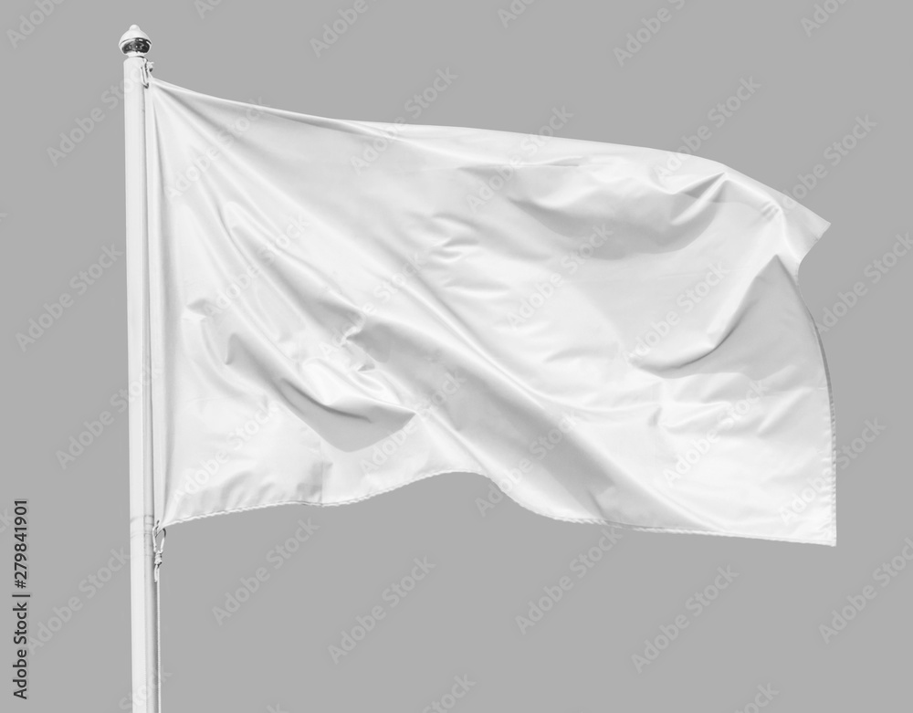 White flag waving in the wind on flagpole, isolated on gray background, closeup - obrazy, fototapety, plakaty 