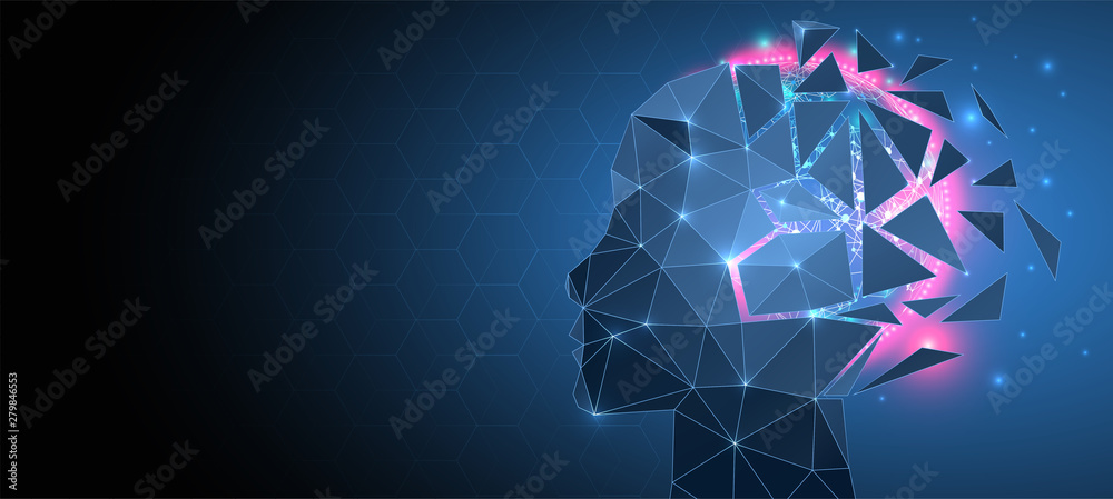 Artificial intelligence (AI) and big data concept. Machine cyber mind.  Humen face with binary data flow. Technology vector background. - obrazy, fototapety, plakaty 