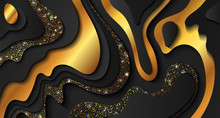 Abstract Black Background With Paper Cut Out Layers And Golden Sparkles. Vector Illustration. Paper Cutting Texture. Applicable For Business Banner, Flyer, Poster, Brochure Design