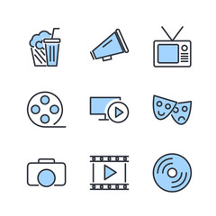 Poster - Set of Cinema Icon Related Vector Line. Contains such Icons as Movie Clip, Popcorn, Tickets, Film, video, shooting, editing and more.