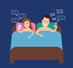 couple man and woman using smartphone in bed at night social media internet addiction