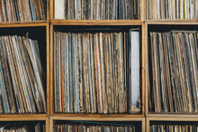 Front Close-up Of Shelf With Vinyl Records