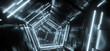 Futuristic Neon Light Blue Hyper Pentagonal Triangle Detailed Sci Fi Alien Spaceship Reflective Metal Corridor Tunnel Gate Empty Glowing Background Modern 3D Rendering