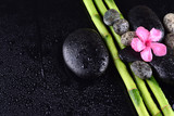 Fototapeta Bambus - pink flower with black stones and bamboo grove on Wet black background. Spa Concept