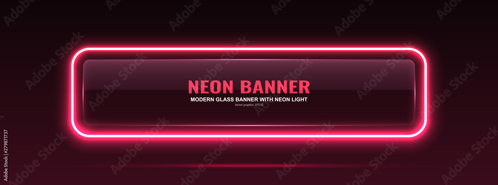 Rectangular glass banner. Transparent billboard with neon lights. Vector illustration. - obrazy, fototapety, plakaty 