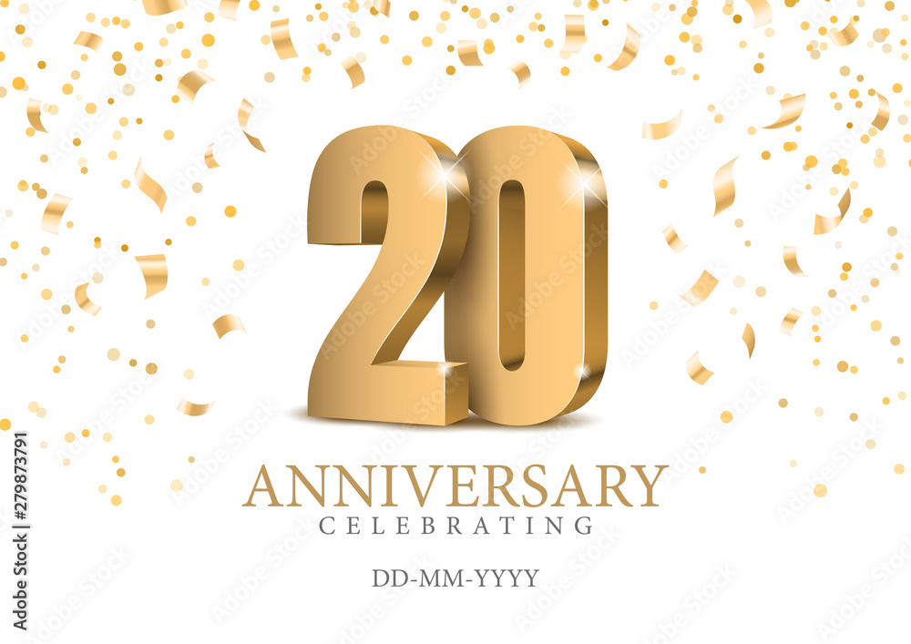 Anniversary 20. gold 3d numbers. Poster template for Celebrating 20th anniversary event party. Vector illustration - obrazy, fototapety, plakaty 