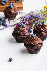 Wall Mural - Chocolate cupcakes with blueberries on white table, close up