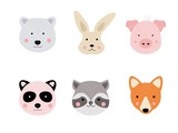 Fototapeta Pokój dzieciecy - Cartoon cute animal faces. Hand drawn characters for baby card and invitation. Abstract creative concept of fox, bunny, bear, pig, panda, racoon
