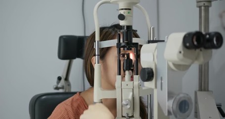 Poster - Woman check on eye in clinic