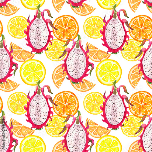 Seamless Pattern With Isolated Watercolor Summer Fruits Dragon