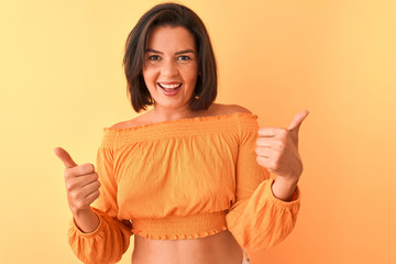 Young beautiful woman wearing casual t-shirt standing over isolated orange background success sign doing positive gesture with hand, thumbs up smiling and happy. Cheerful expression