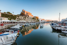 Historic Harbour Waterfront And Town Hall At Sunset, Ciutadella, Menorca, Balearic Islands, Spain