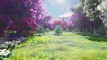 Forest Crowns Of Fairy Trees With Bright Sunlight, Flying Dandelions And Butterflies. Magic Forest At Sunrise. 3D Rendering