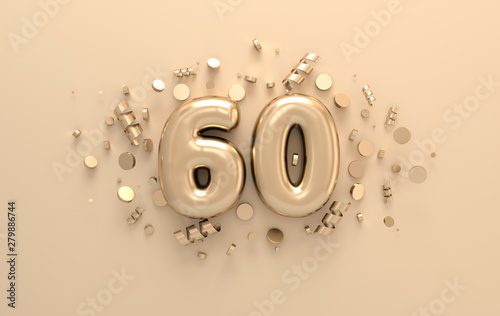 Golden 3d number 60 with festive confetti and spiral ribbons Tableau sur Toile