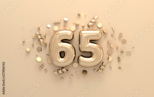 Cuadros en Lienzo Golden 3d number 65 with festive confetti and spiral ribbons